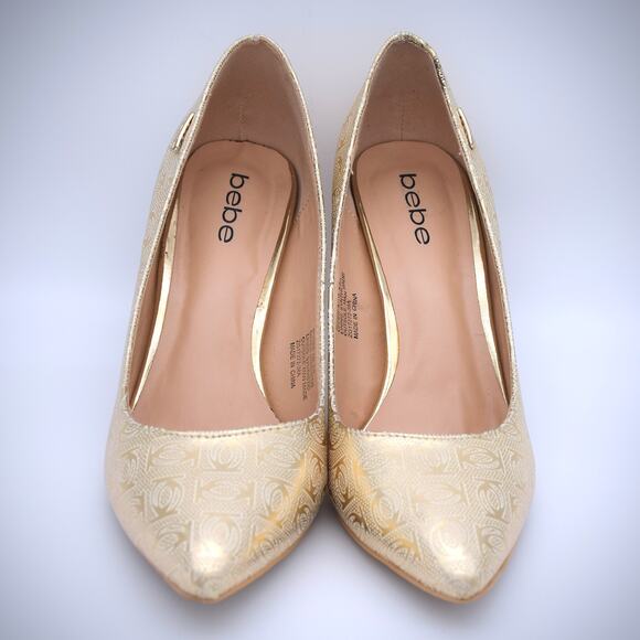 Bebe Saydee Logo Pumps Heels 7.5 Gold Vegan Pointy Toe Shoes Stiletto Classic - Picture 5 of 7
